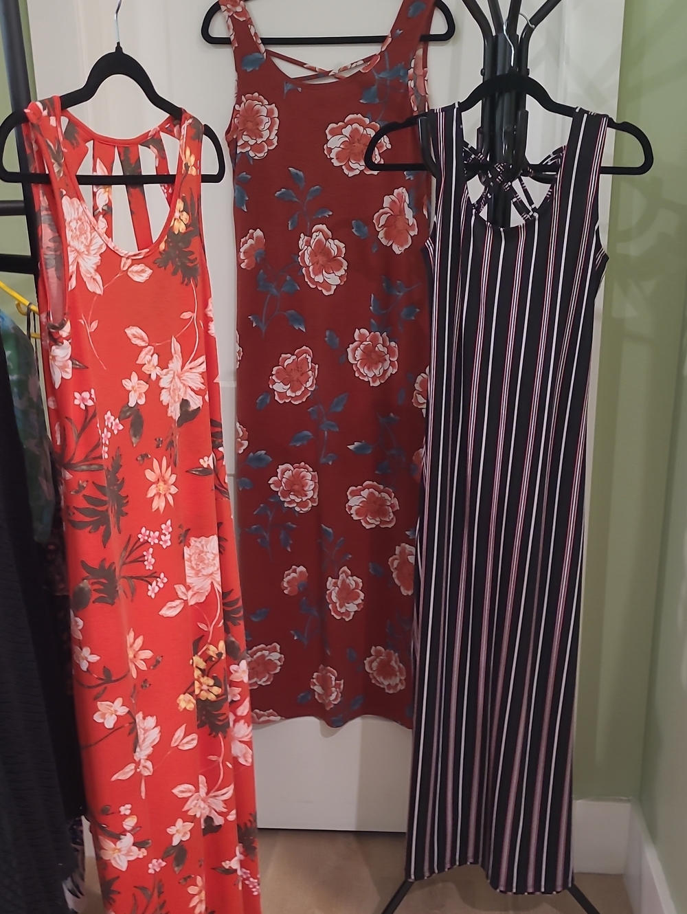 3/$30 Maxi Dresses in Rust Red Floral, Red Floral And Black Red White Stripe